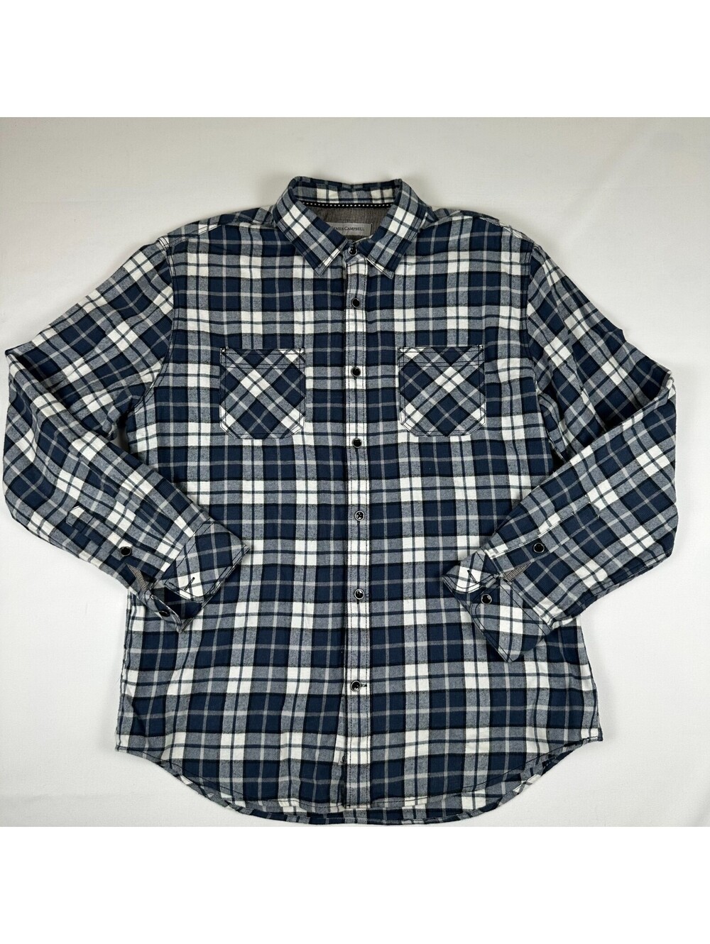 James Campbell Mens L Blue White Plaid Flannel Long Sleeve Button Up Shirt
